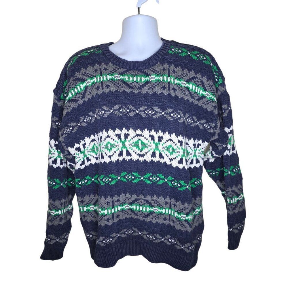 GAP Vintage 80s Crew Neck Nordic Pullover Winter Sweater Mens Size M Blue
